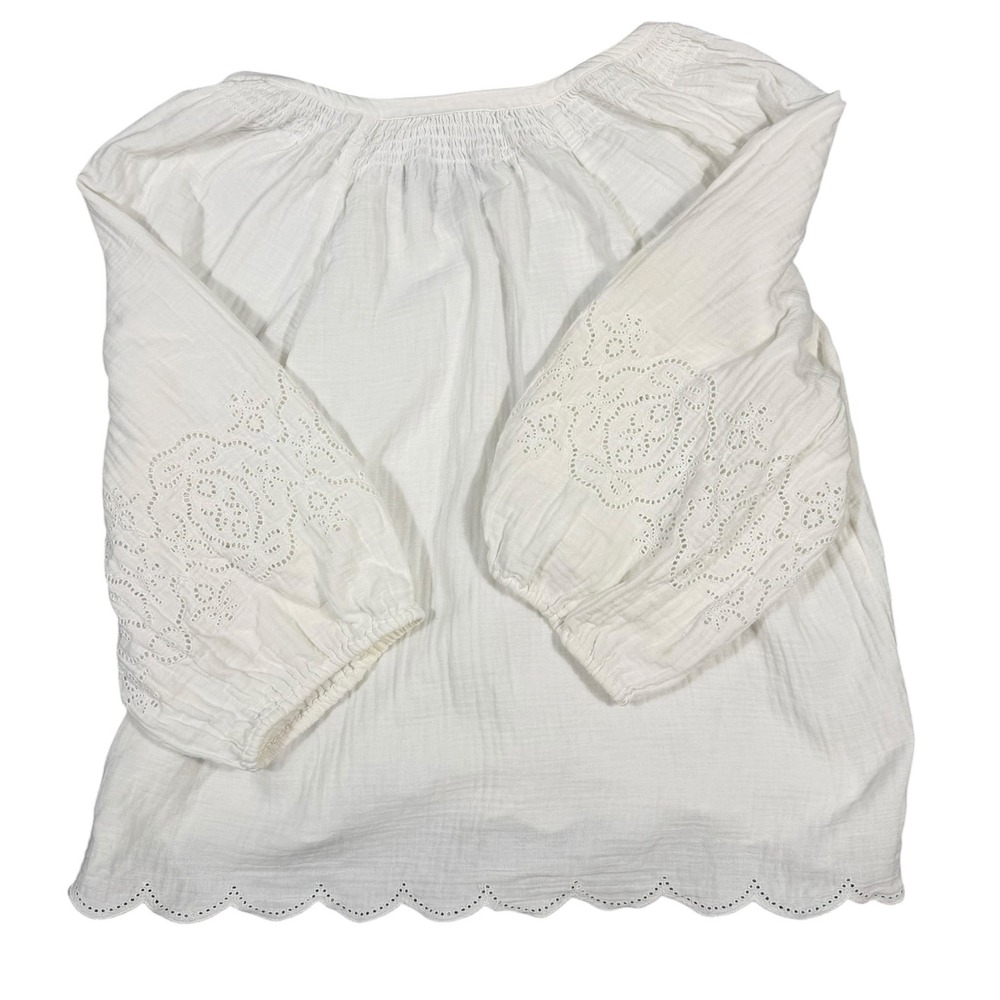 Gap Blouse Womens XL White Eyelet Smocked Balloon Sleeve Scalloped Hem Gauze Top - Picture 9 of 14